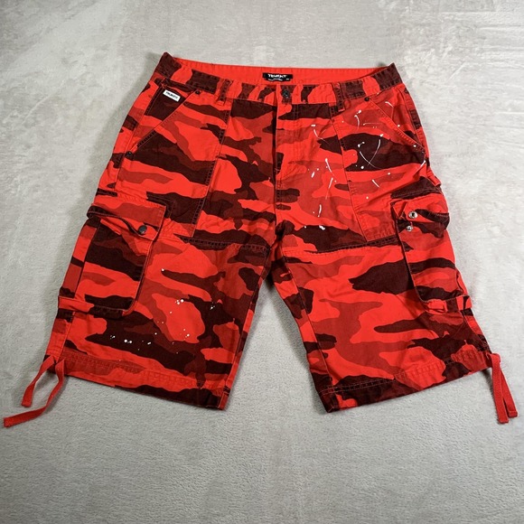 Trukfit Shorts Mens 36 Red Camo Cargo Paint Splatter Drawstring Streetwear Skate - Picture 1 of 15